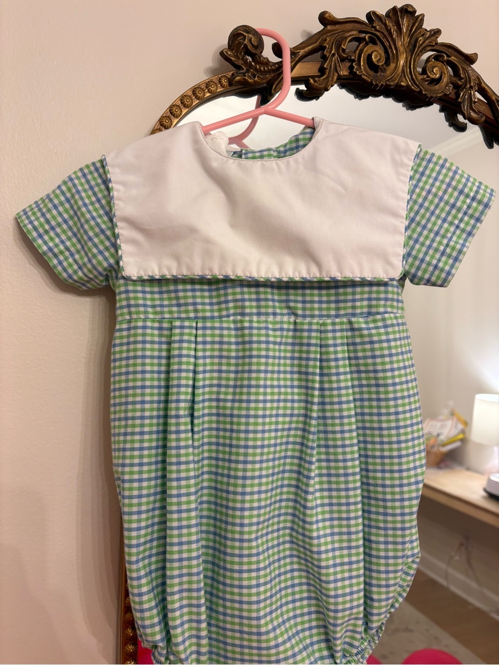 Green and Blue Gingham Baby Romper with White Yoke